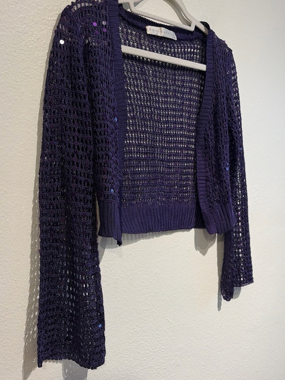 Bettie Page Vintage Inspired Cropped Open-Knit Sequined Cardigan in Purple - Picture 7 of 8